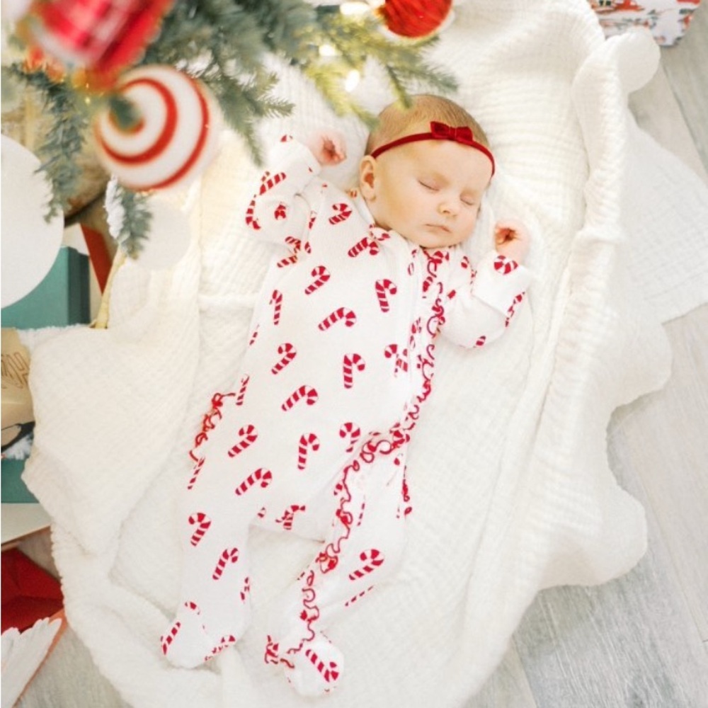 Candy cane lane waffle bamboo zipper ruffle footie